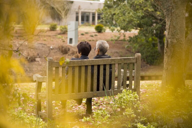 A woman sits on a park bench with her elderly mother, from the perspective of an outside viewer peering through the trees